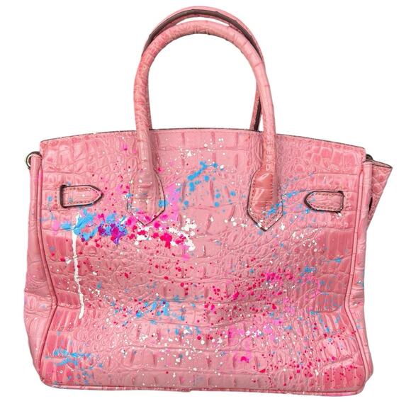 Gorgeous Anca Barbu Hand Painted “Hermes Paris” Pink Splatter Bag 11X6X6 - Picture 2 of 12